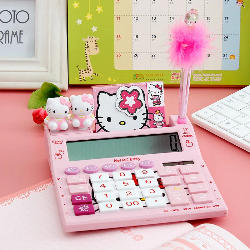 

Cute Cartoon 3D Pink Hello Kitty Desktop Solar Dual Power Calculator 12 Digital Kawaii Calculator for School Office with Notepad