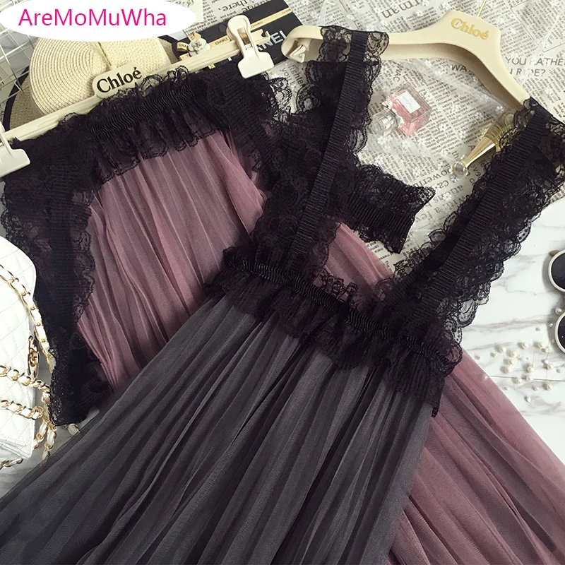 

AreMoMuWha New Hollow Out Strap Skirts Women Sweet Lace Patchwork Mesh Skirt Vintage Mid-Calf Ball Gown Skirts Party Skirt Mh03