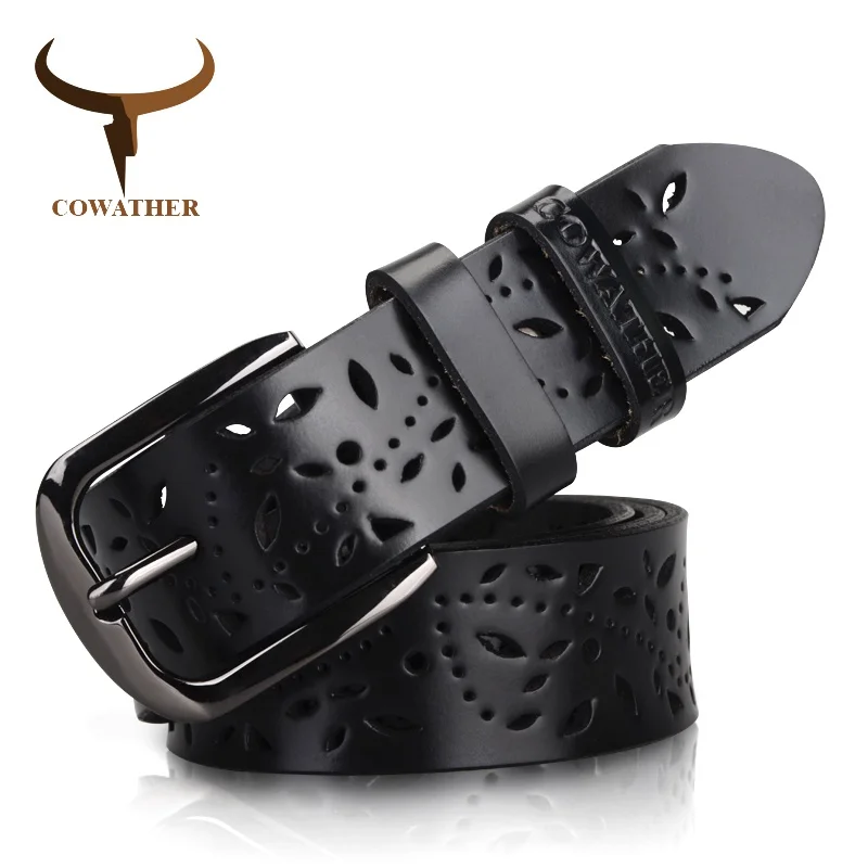 COWATHER New 2017 genuine leather jeans belts for Women Hollow pressed flower luxury strap female belt Gun gray buckle - Image 4