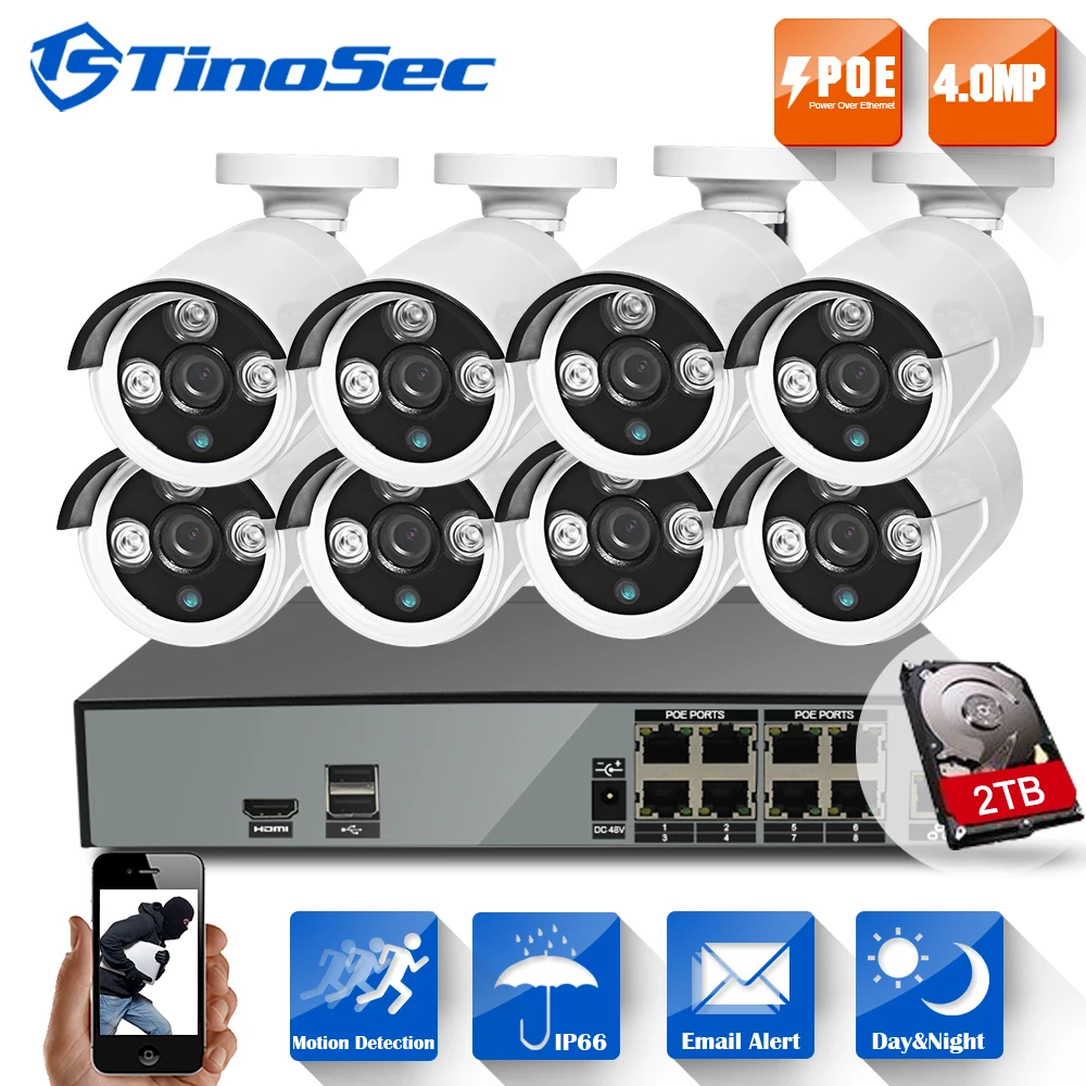 TinoSec H.265 4K 8CH POE NVR CCTV System 8PCS 4.0MP 2592*1520 IP Camera IR Night Vision Outdoor Video Security Surveillance Kit