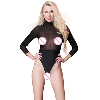 

Body Femme Ladies Skinny Turtleneck Stretch Long Sleeve Bodysuit Women Sexy Balck White Mesh Transparent See Through Bodysuit