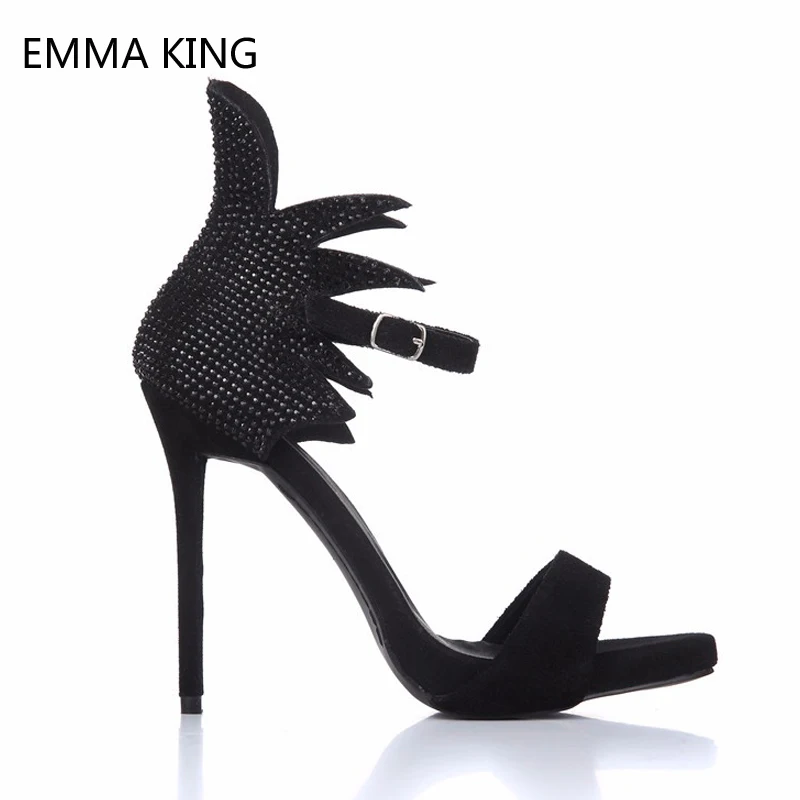 

New Brand Crystal Sandals Female Peep Toe Super Thin Heels Black Suede Buckle Gladiator Sandals Women Pumps Sandalias Mujer