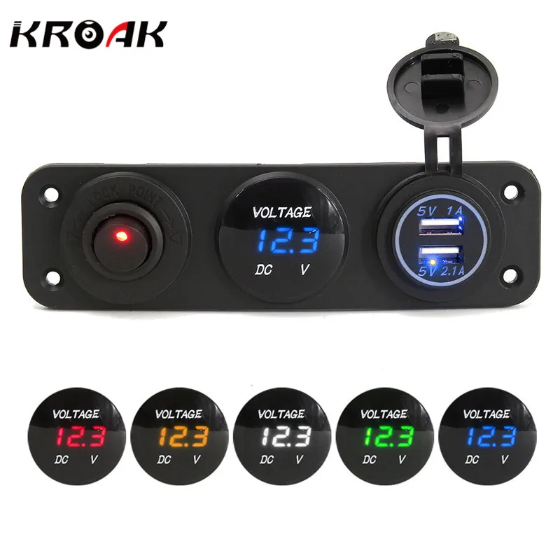 

12/24V Dual USB Car Charger For Motorcycle Car Waterproof Socket Power Adapter Voltmeter Digital Voltage Display With Switch