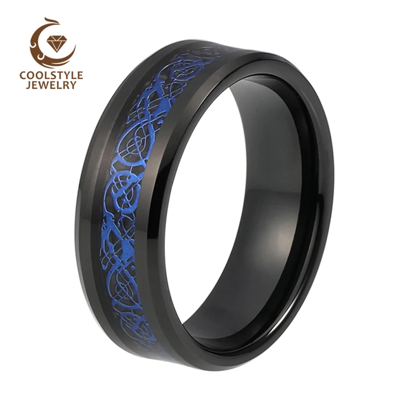 8mm Black Tungsten Carbide Ring Blue Dragon Black Carbon Fiber Inlay