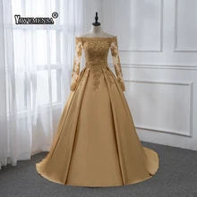 Длинное Золотое сатиновое платье для выпускного вечера с длинным рукавом, аппликации из бисера, платья для выпускного вечера, вечерние платья на заказ