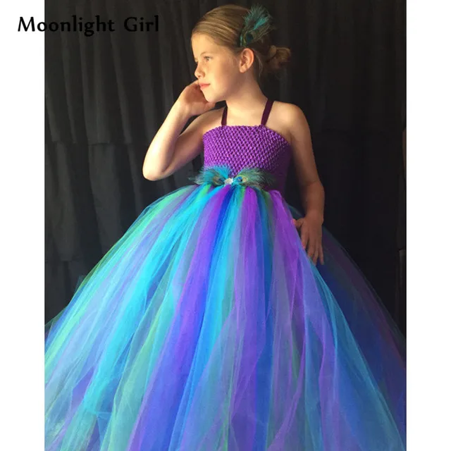 Formal Girls Peacock Dress Feathers Purple Princess Flower Girl Tutu Dress For Wedding Party Dresses Kids Peacock Costume PQ025