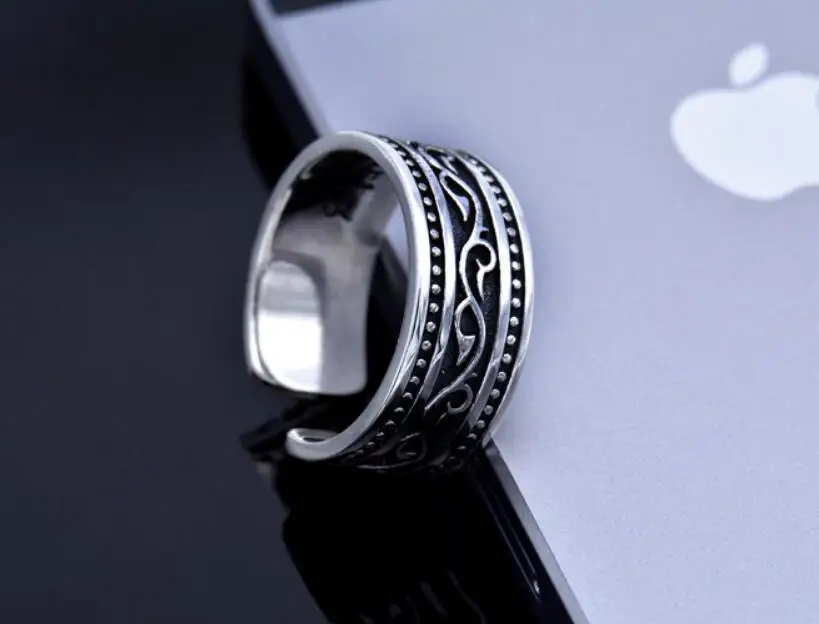 Чистое серебро, 925 пробы, серебряное кольцо с живым ртом, с травой, мужское тайское серебрянное кольцо, кольцо с открытым размером, ювелирное изделие