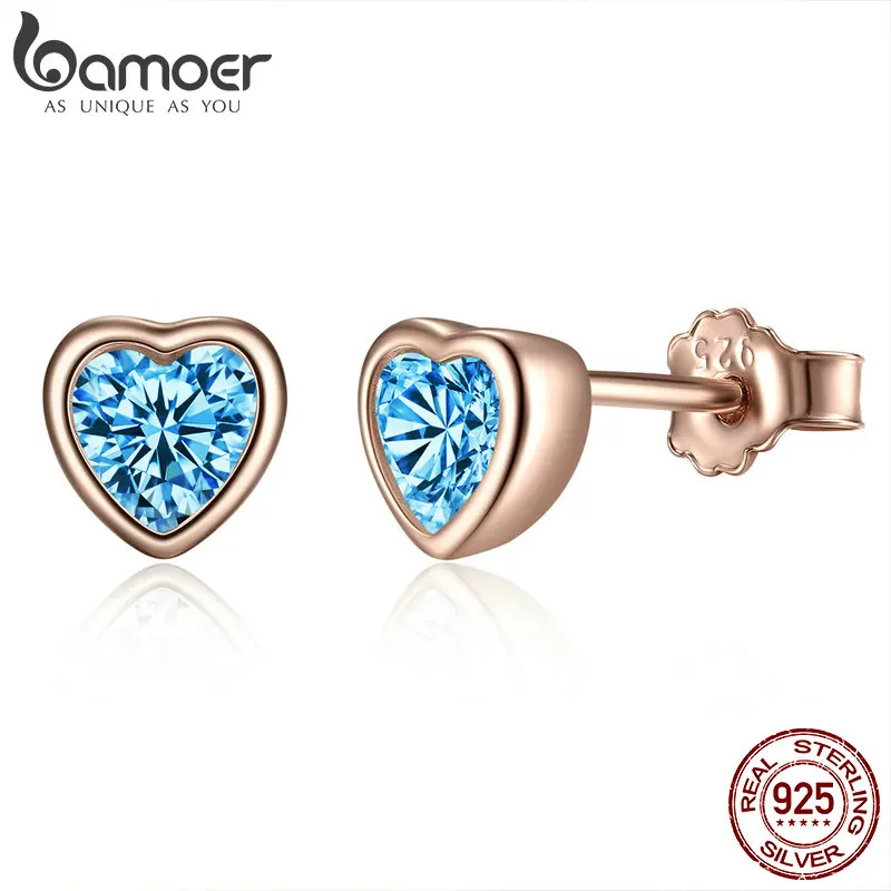 

BAMOER Genuine 100% 925 Sterling Silver Romantic Heart Blue CZ Stud Earrings for Women Sterling Silver Jewelry Gift PAS452-G