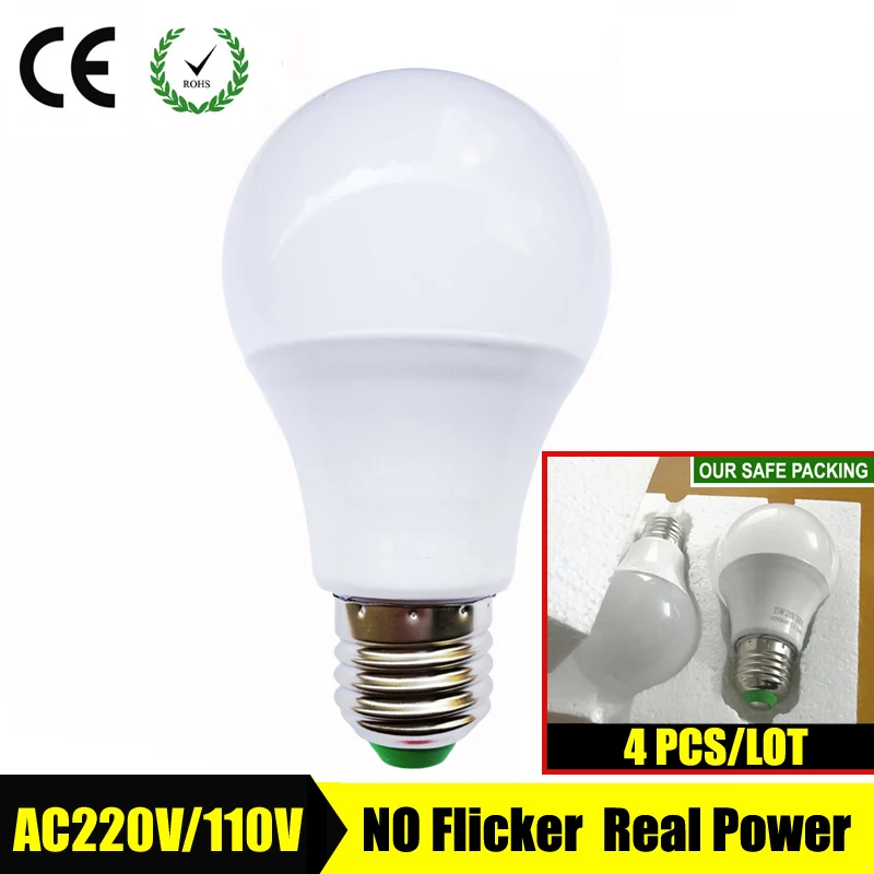 

4PCS/LOT LED Lamp E27 3W 5W 7W 9W 12W 15W AC220V 230V AC110V Real Watt LED Bulb Light Fast Heat Dissipation High Bright Lampada