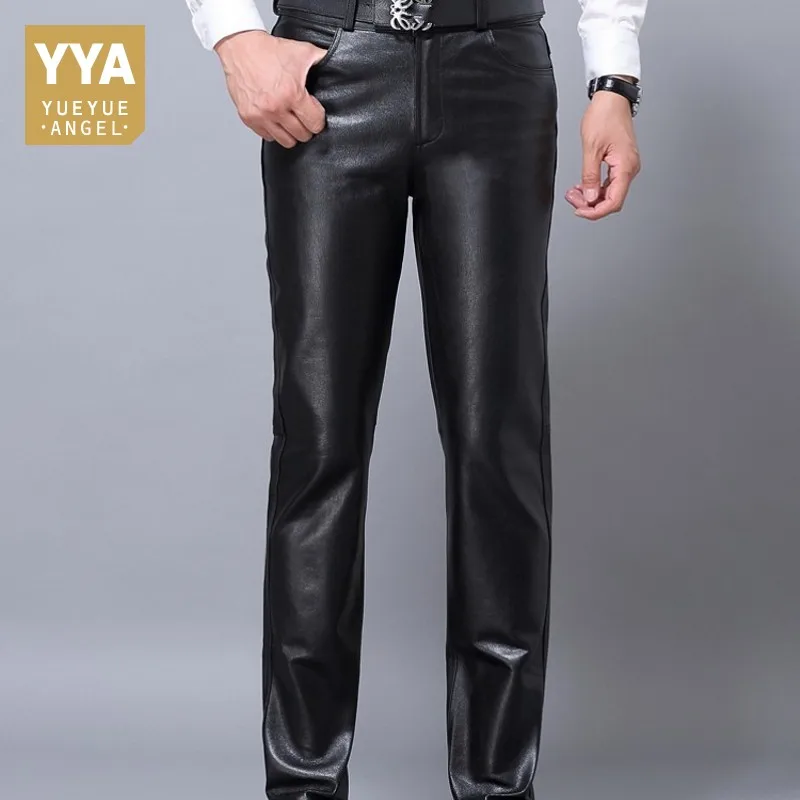 

Mens Brand Sheepskin Real Leather Pants Casual Business Classic Full Length Black Trousers Autumn Fleece Lining Skinny Biker Man