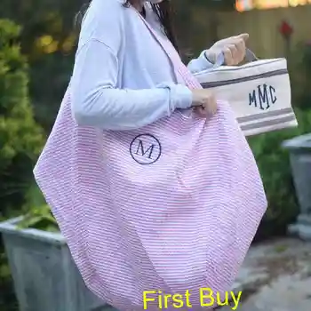 

50pcs/lot Wholesale 2019 New Coming Good Quality Monogrammed Extra Large Seersucker Striped Hobo Beach Bags