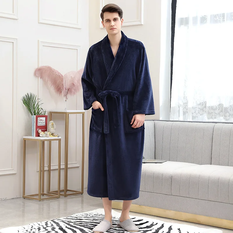 

winter oversize Men Flannel Robes coral fleece loose thicken warm Male Bathing Suits plus size pure color autumn Terry Bathrobes