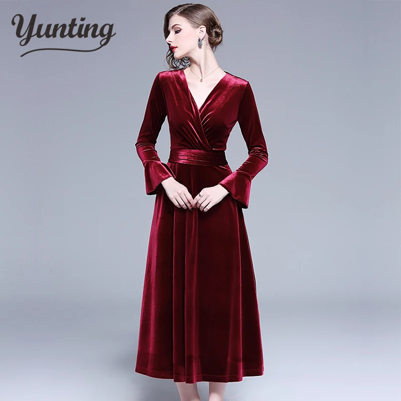Plus Size 2XL Women Winter Dress Long Velvet Dresses Elegant Ladies