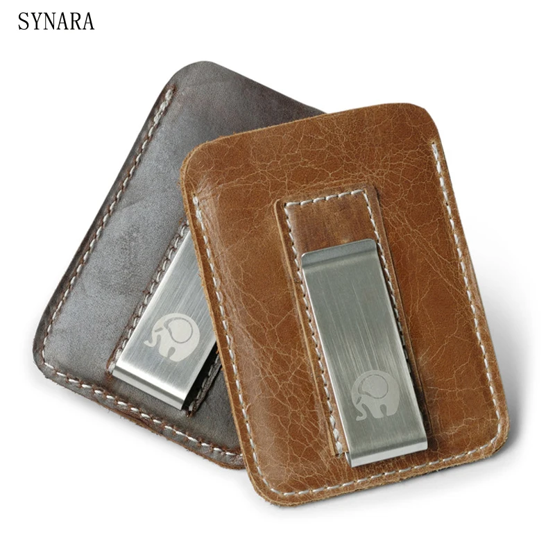 Men money clips vintage genuine leather front pocket clamp for money holder metal clip money ...