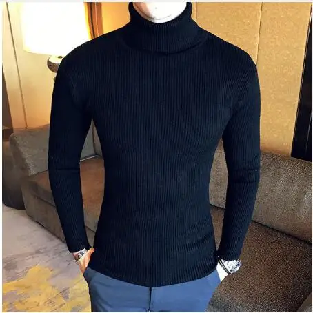 В полоску; с высоким, плотно облегающим шею воротником Для мужчин свитера шерстяной пуловер, свитер мужской больших размеров с высоким воротом; Для мужчин мужской Молодежный пуловер Джемпер корейский стиль белый - Цвет: black