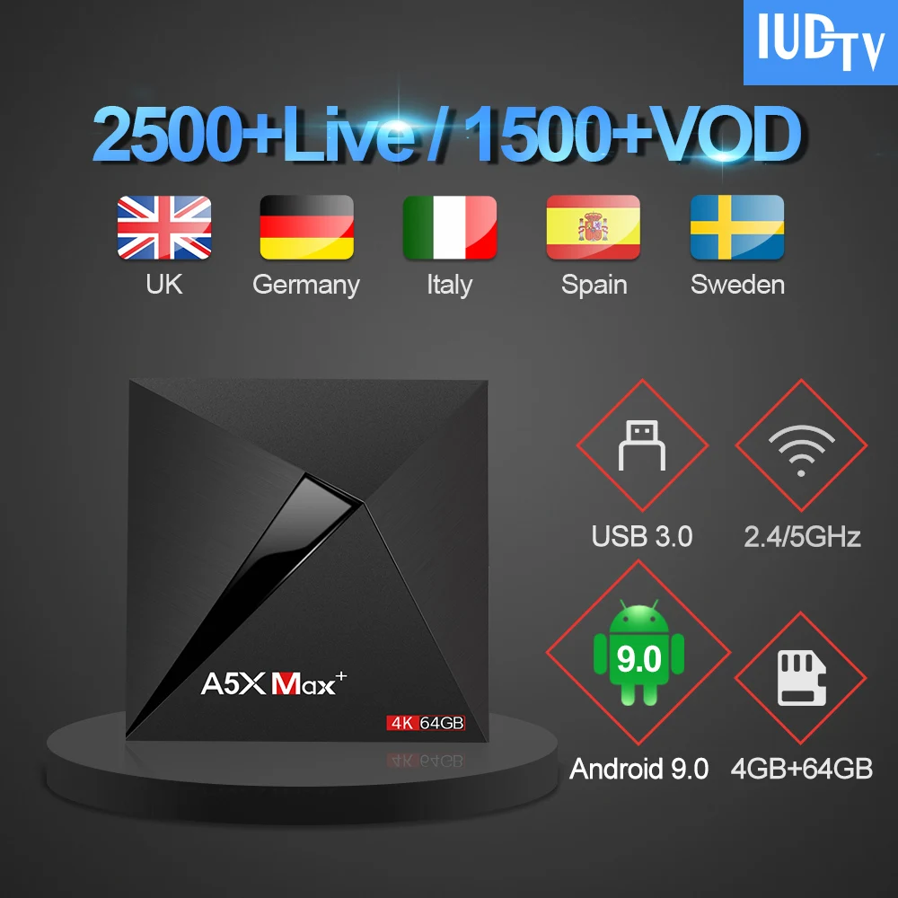 

A5X Max UK Swedish IPTV Subscription IUDTV IPTV Code TV Box Android 9.0 RK3328 IPTV Italy Spain Greece Arabic India French IP TV
