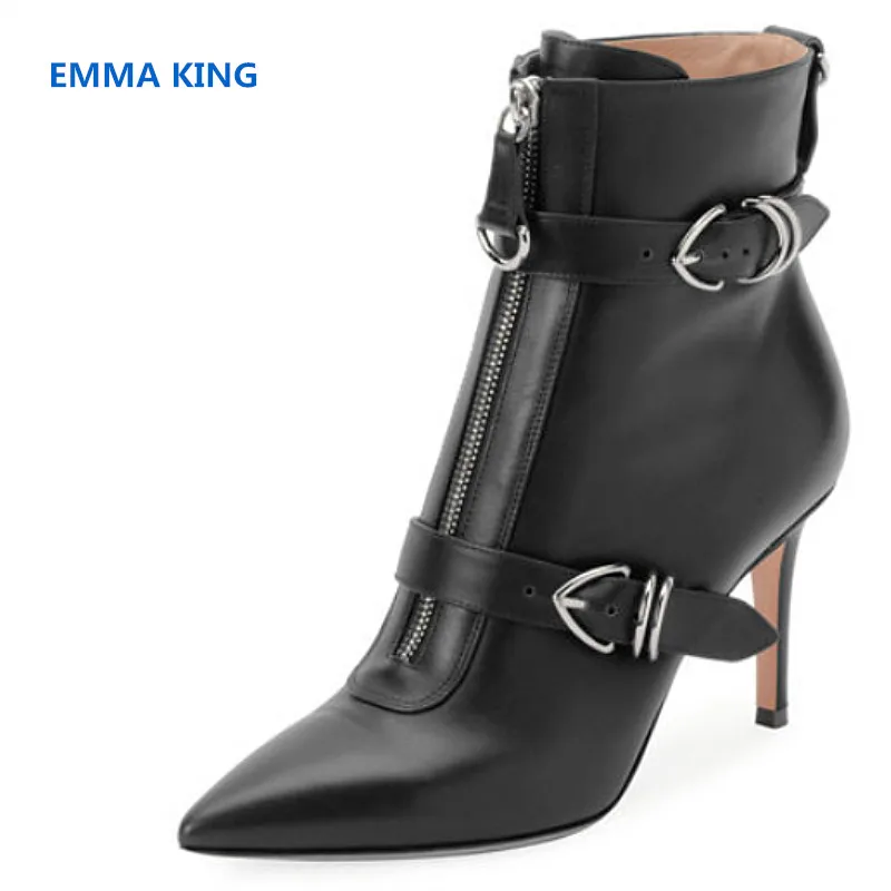 

New Arrival 2019 Front Zip Leather Ankle Booties Women Double Buckle Straps Stilettos Martin Boots Pointed Toe High Heels Shoes
