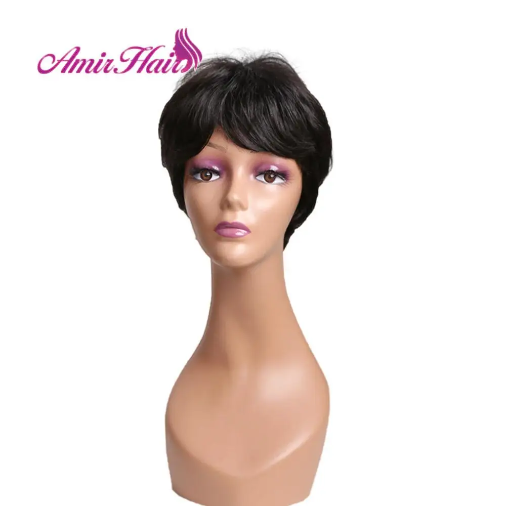 

AmirHair short straight black synthetic wigs with free side bangs cosplay wig for American African women High Temperature Fiber
