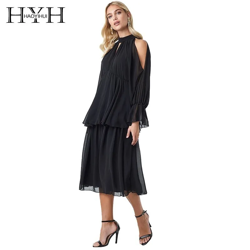 

HYH Haoyihui Femme Summer Stylish Turtleneck Hollow Out Butterfly Sleeve A-Line Off-the-shoulder Black Mid-Calf Dress