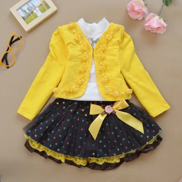 Весенне-осенние комплекты одежды из 3 предметов для маленьких девочек возрастом от 3 до 10 лет короткая куртка с цветочным рисунком для девочек пальто+ кружевная блузка+ сетчатая юбка в горошек детская одежда