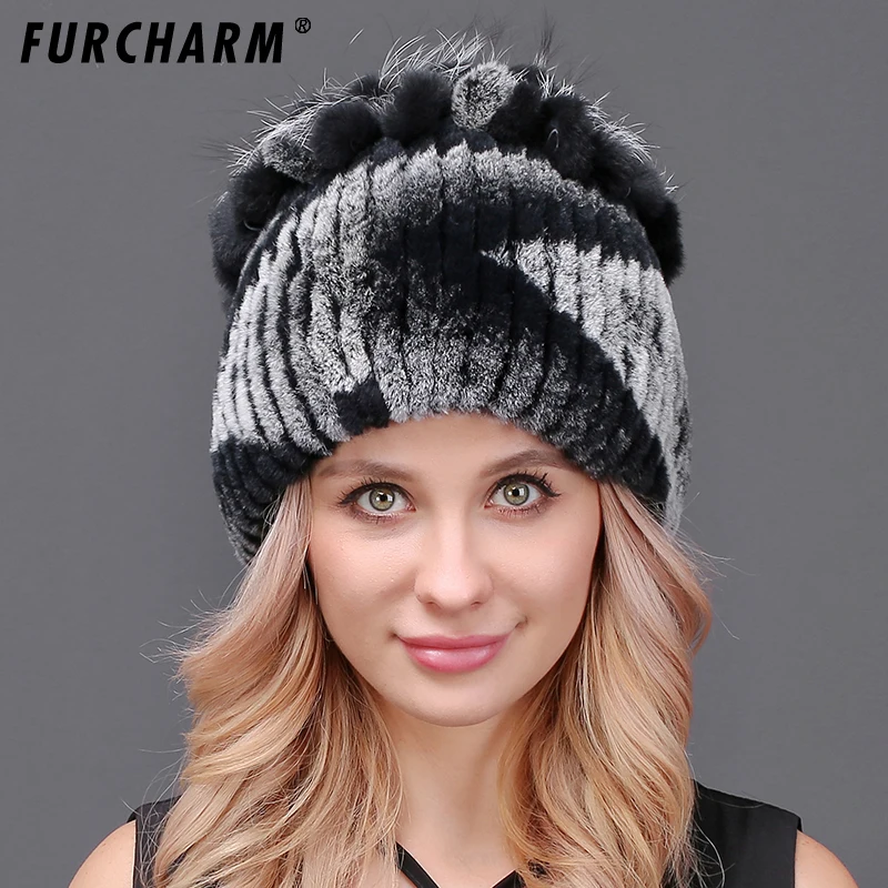 

FURCHARM Women Winter Fur Hat Warm Rex Rabbit Fur Hats With Fox Fur Flower Top Women Quality Casual fashion warm Beanies Cap