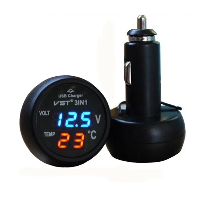 

3 in 1 Digital LED car Voltmeter Thermometer Auto Car USB Charger 12V/24V Temperature Meter Voltmeter Cigarette Lighter