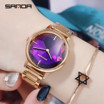 

Luxury Golden Watches Women Top Brand SANDA Analog Quartz Wristwatches Ladies Steel Bracelet Clock relogio feminino Purple Watch