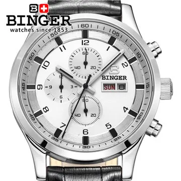 New Binger Dial Chronograph Dual Date Gents Silver Stainless Steel Watch Multifunction Wristwatch Men Leather Quartz