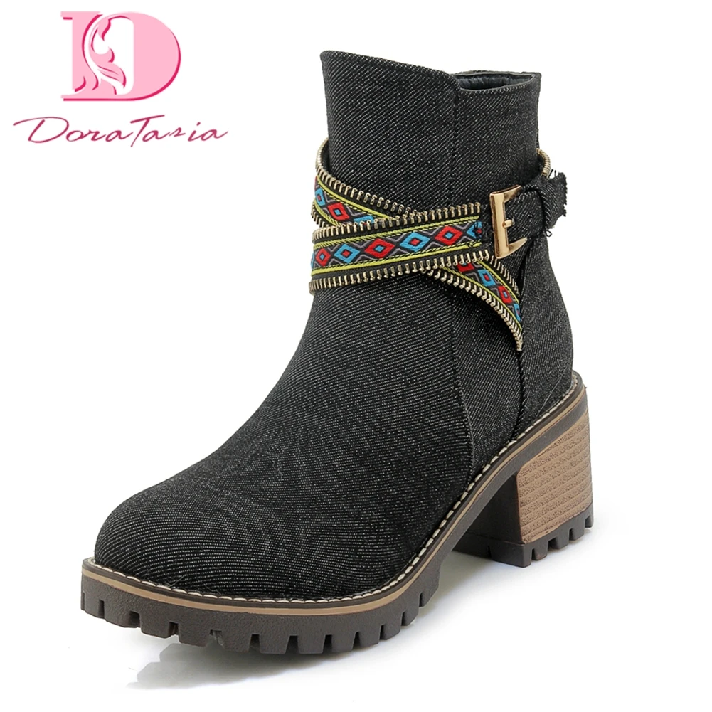 

DoraTasia Brand New Plus Sizes 34-43 denim Square Heel Winter Shoes Woman western Boots Hot Sale Fashion Ankle Boots Woman Shoes
