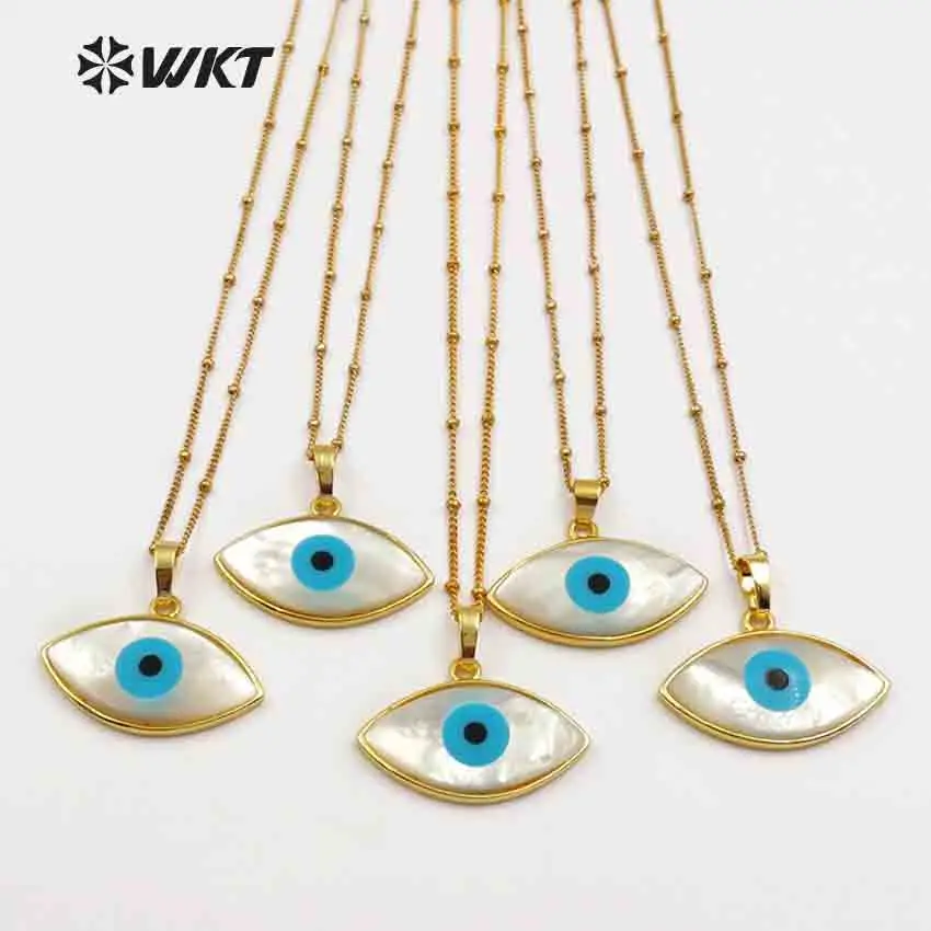 

WT-JN047 WKT Natural White Shell Evil Eye Pendant With Gold Bezel Women Dainty Shell Jewelry Bohe 18'' Inch Gold Layer Necklace