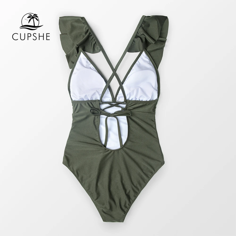 CUPSHE оливковый зеленый гофрированный цельный купальник женский сдельный 2019