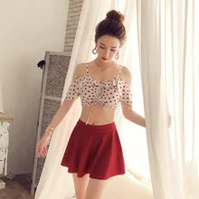 Бикини, женский пляжный купальный костюм для женщин, купальный костюм для бассейна, купальник для девочек, новинка, корейская веревка, тянущаяся юбка с разрезом, сексуальный комплект в горошек для девочек