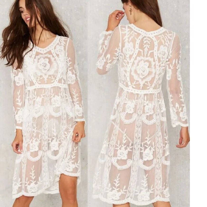 

Women's Bikini Cover-up Tunic Semi Sheer Floral Lace Swimsuit Cover Up