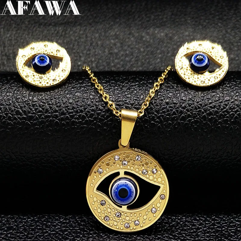 

Gold Color Blue Evil Eye Jewelry Set Turkish Jewellery Fatima Hand Stainless Steel Jewelry Sets Women conjuntos de joyas N68293