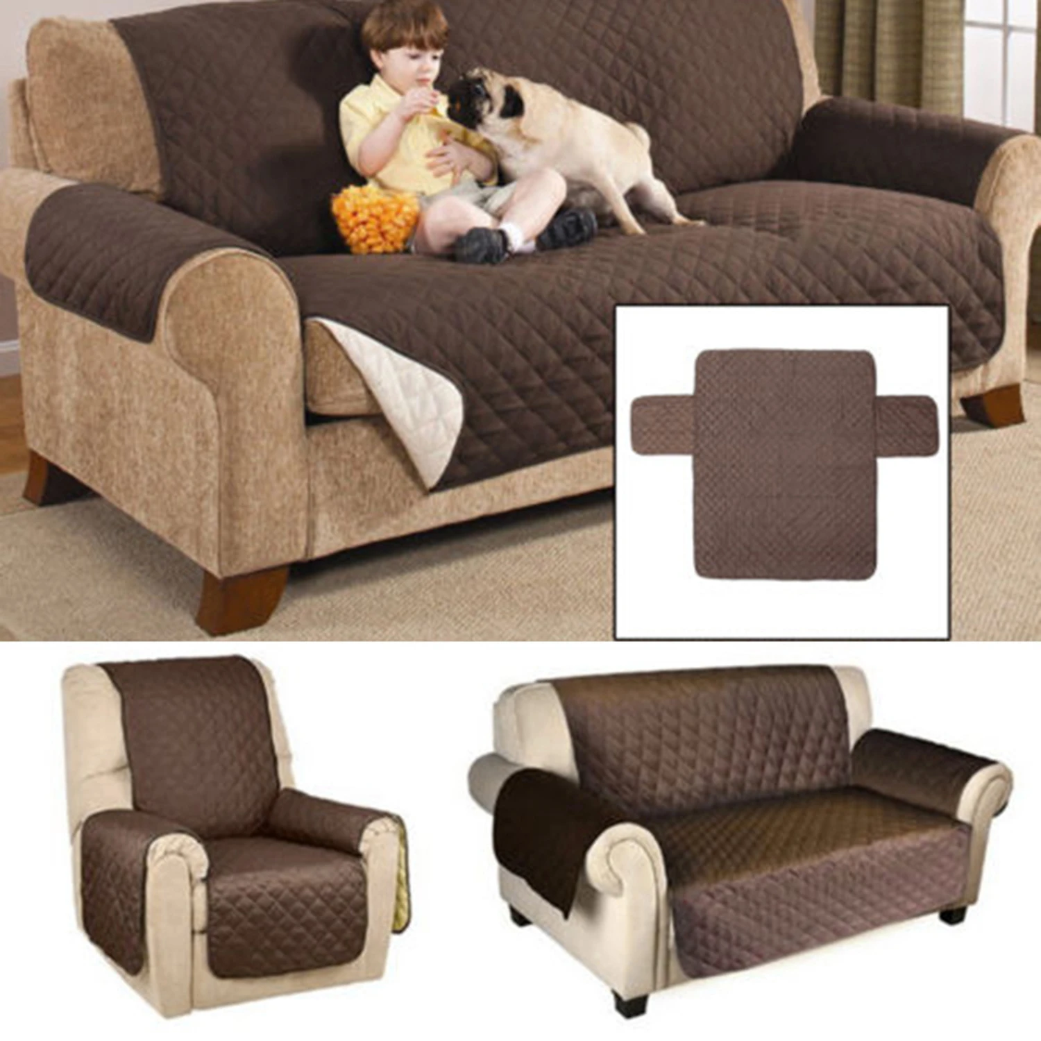 Sofa Throw Cover 1/2/3 Seat Brown Pet Sofa Couch Furniture Protective Cover Removable Anti-slip