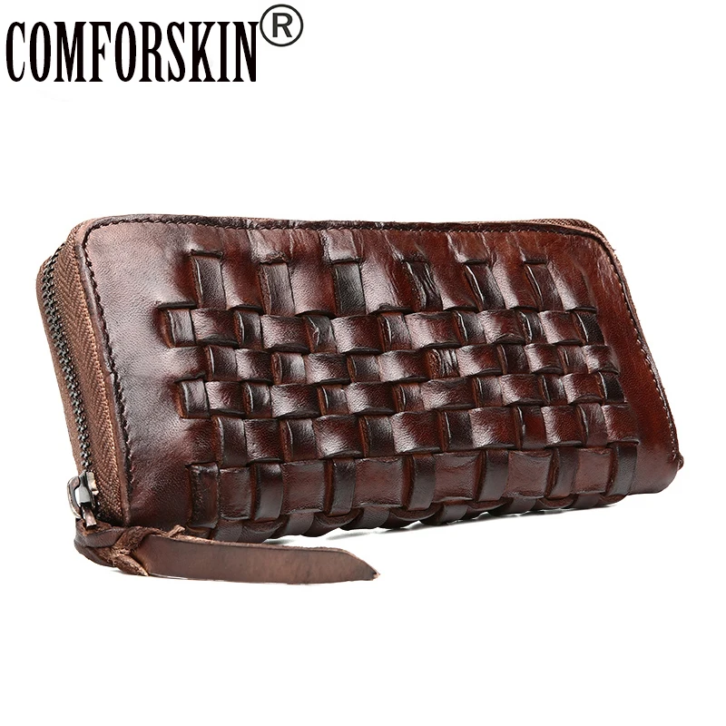 

COMFORSKIN Vintage Premium Cow Leather Unique Knitting Long Men Organizer Wallets Weave Pattern Zipper Men Clutch Coin Purses
