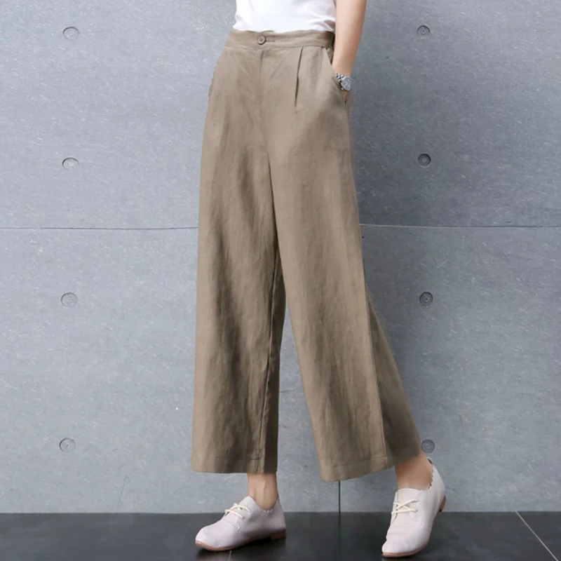 

Summer Spring Casual Womens Female Elastic High Waisted Black Beige Wide Leg Linen Pants , Loose Ankle Length Trousers For Women