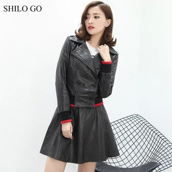

SHILO GO Leather Suit Womens Spring Fashion sheepskin genuine leather Sets lapel single breasted jacket A Line shorts skirts