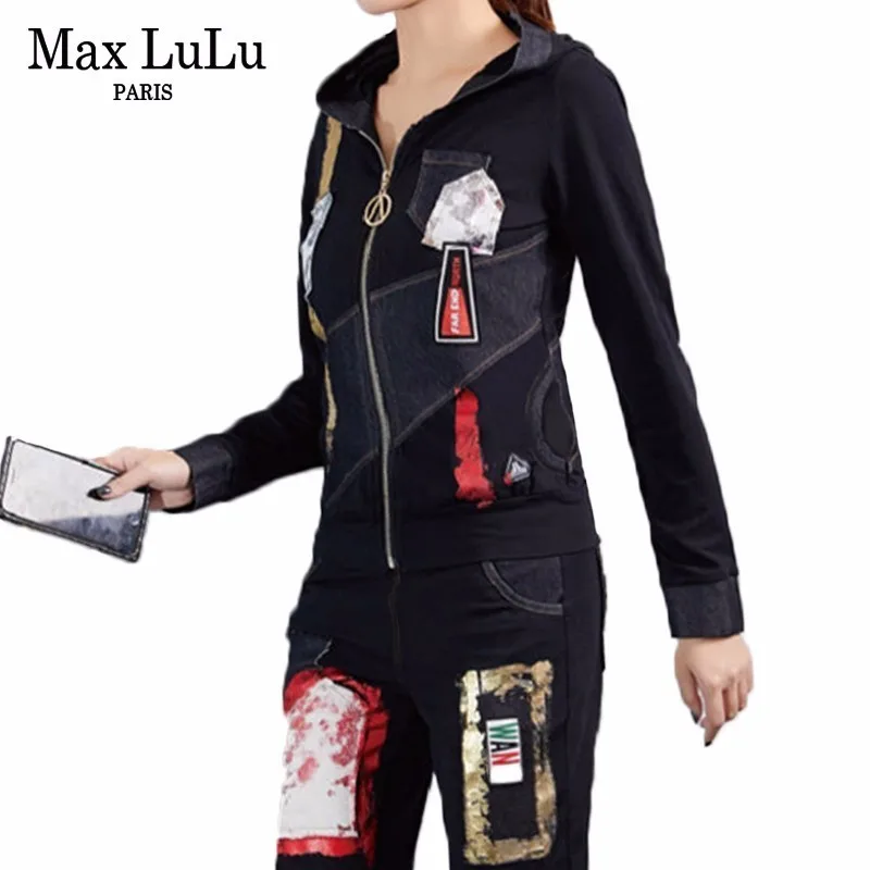 Max LuLu Herfst 2019 Koreaanse Dames Denim Tops En Broek Womens Gedrukt Tweedelige Set Vintage Outfits Hooded Trainingspakken Plus size