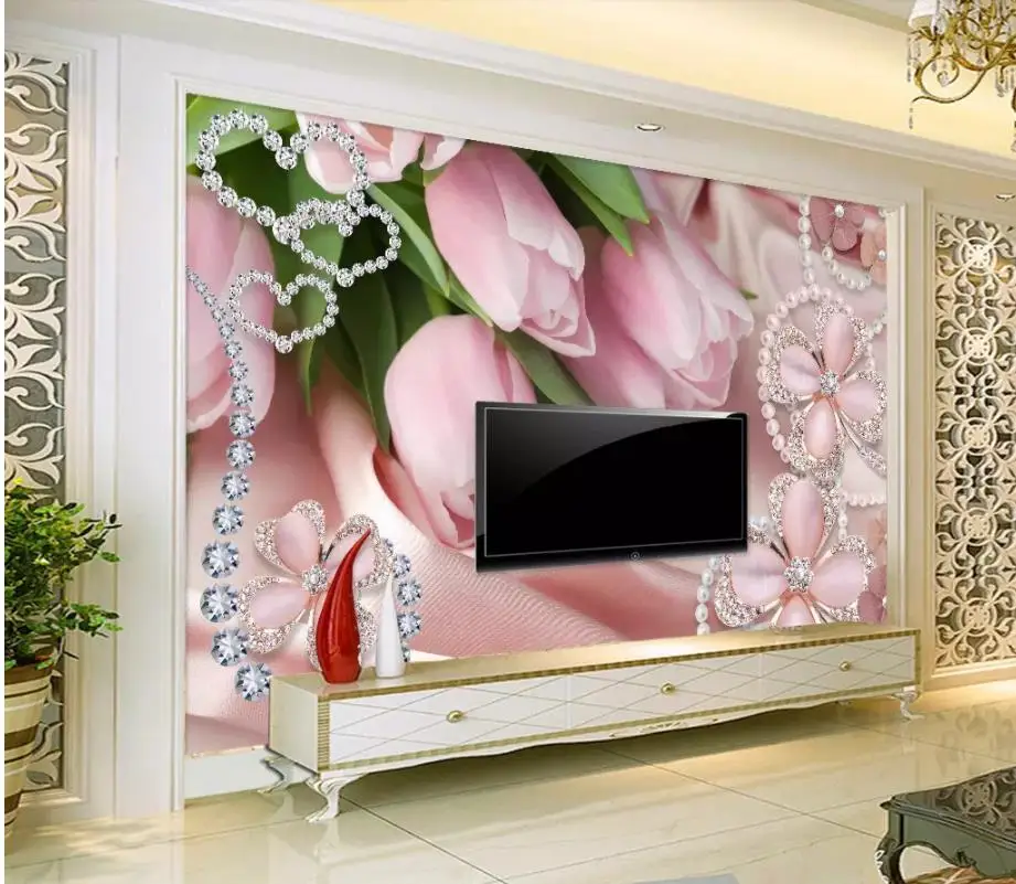 

Custom Photo Wallpaper 3D Stereo Pink tulips diamond jewelry Clover TV backdrop Wallpaper 3d Mural For Living Room