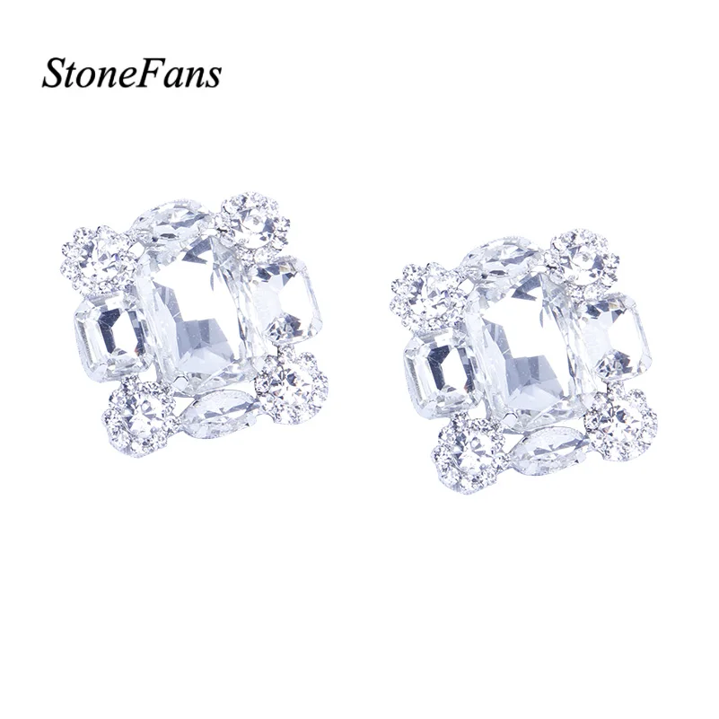 StoneFans New Square Clip Earrings no Hole Wedding Jewelry Women Large Clear Crystal Rhinestone Clip on Earrings Ear Women