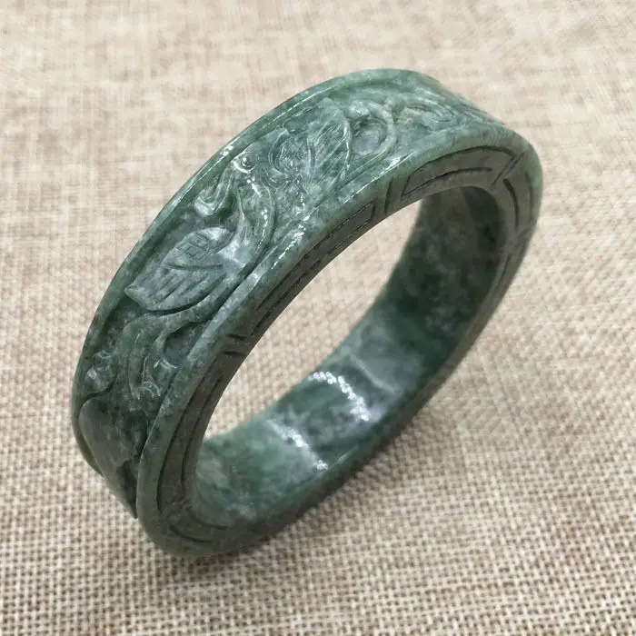 

62mm Vintage Chinese Hand-carved Black Green Jadeite Jade Bracelet Bangle 816