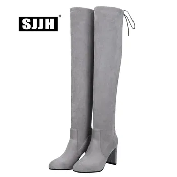 

SJJH Women Flock Over-the-Knee Boots with Point Toe Chunky Slip-on Short Plush Long Boots Fashion Formal Shoes Large Size Q575