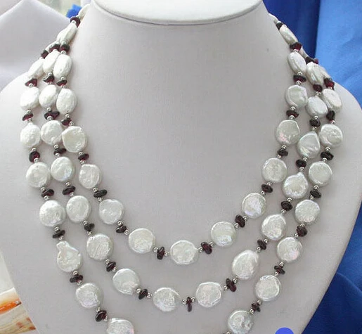 

Wholesale FREE SHIPPING >>> 3ROW 12MM WHITE COIN FRESHWATER PEARL Garnet NECKLACE