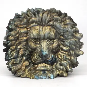 

Lion Head Statue 5.0" Natural Gemstone Labradorite Crystal Carved Sculpture Home Decor