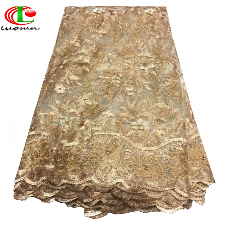 

High Quality African Evening Dress Fabrics New Nigeria beades Embroidered Mesh Net Lace Fabric yeiiow Lace Fabric 2018