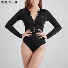 

NDUCJSI 2018 Spring and Autumn Metal buckle Net yarn splicing Long sleeve Jumpsuits woman Sexy perspective Club Skinny Bodysuits