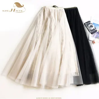 

SISHION 2019 Long Lace Mesh Skirt Summer High Waist QY0022 Retro Pleated Tulle Skirts Female Black Pink Apricot Maxi Skirt