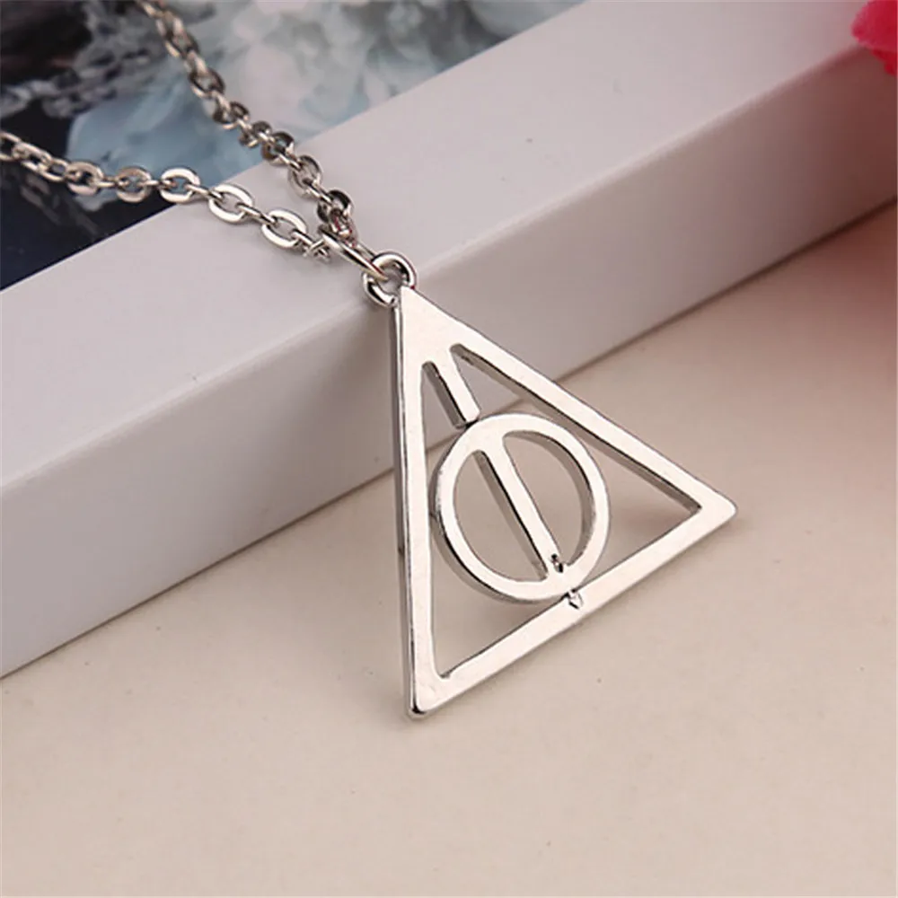

Harry Potter Luna and the Deathly Hallows Pendant Necklace Retro Triangle Round Sweater Chain Necklace for Women Jewelry Gift