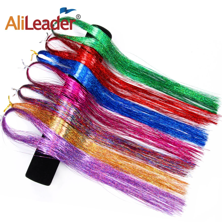 

Alileader Hair 1 Packs 16inch Sparkly Synthetic Clip in One Piece Hair Tinsel Strip Gold Green Pink Color For Girls And Party